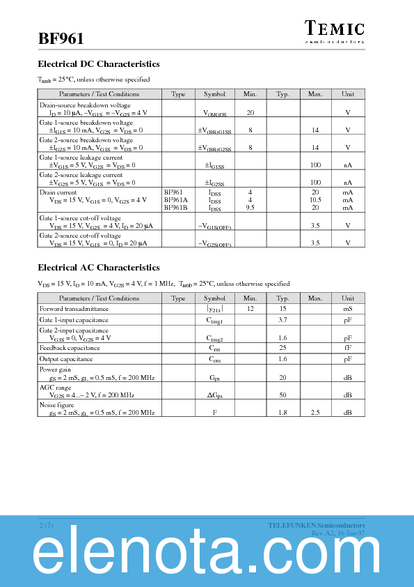 BF961 Datasheet PDF (105 KB) Temic | Pobierz z Elenota.pl