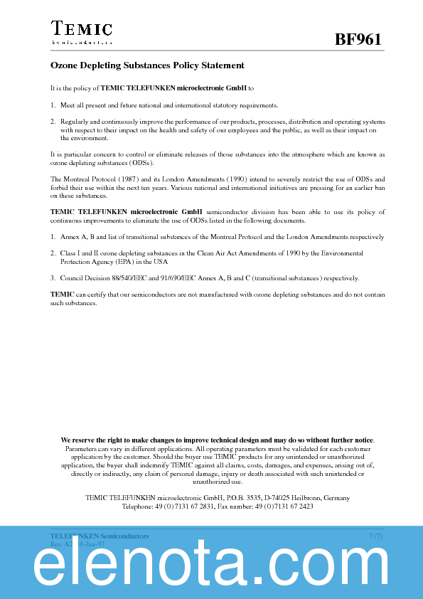 BF961 Datasheet PDF (105 KB) Temic | Pobierz z Elenota.pl