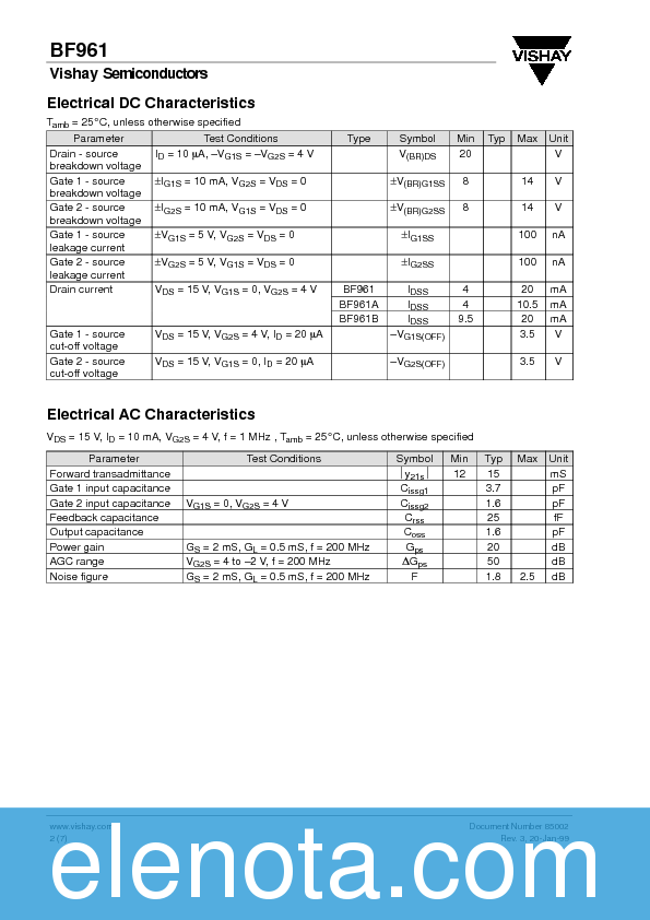 BF961 Datasheet PDF (140 KB) Vishay | Pobierz z Elenota.pl