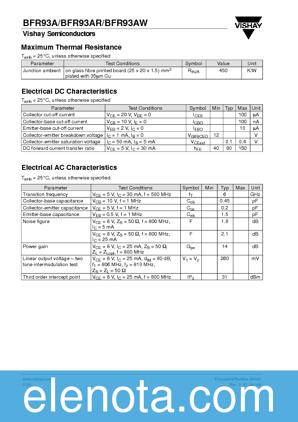 BFR93A Datasheet PDF (166 KB) Vishay | Pobierz z Elenota.pl