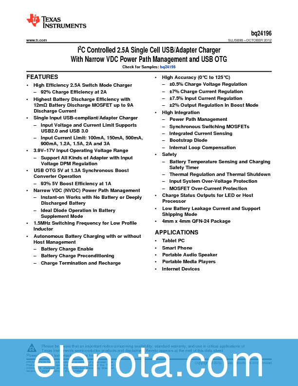 BQ24196 Datasheet PDF (2.40 MB) Texas Instruments | Pobierz z Elenota.pl