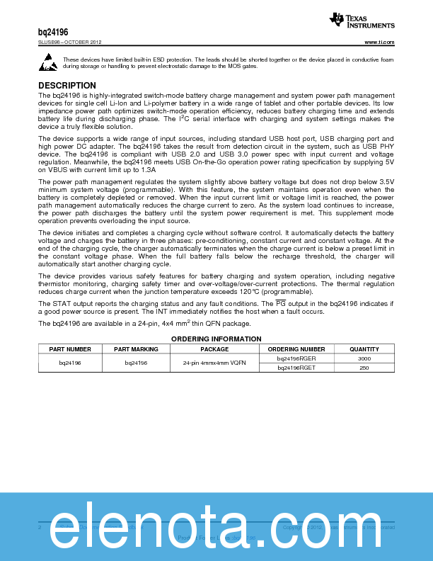 BQ24196 Datasheet PDF (2.40 MB) Texas Instruments | Pobierz z Elenota.pl