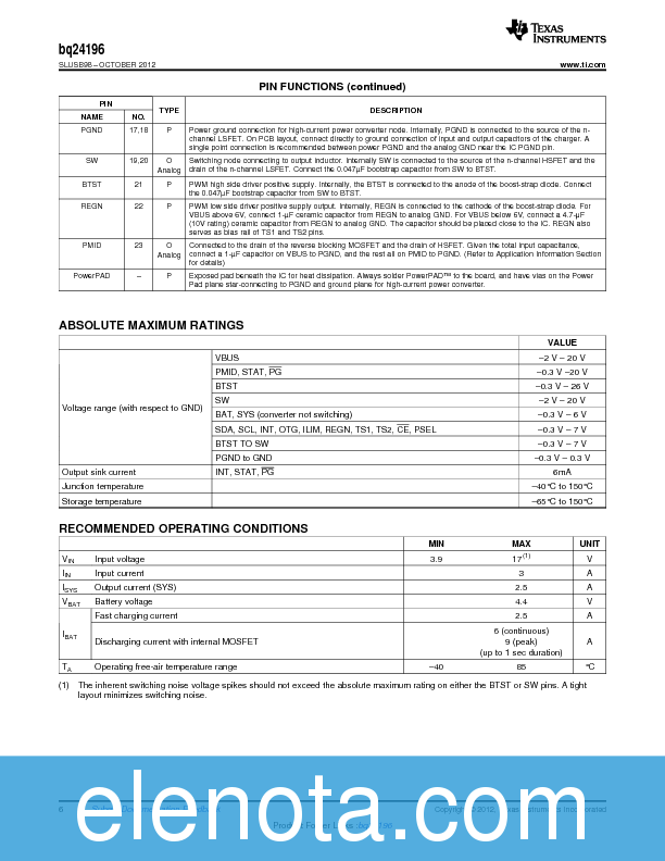 BQ24196 Datasheet PDF (2.40 MB) Texas Instruments | Pobierz z Elenota.pl