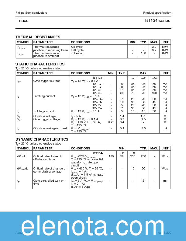 BT134 Datasheet PDF (39 KB) Philips | Pobierz z Elenota.pl