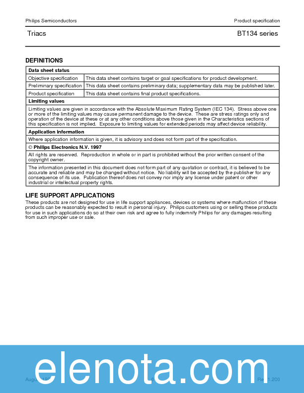 BT134 Datasheet PDF (39 KB) Philips | Pobierz z Elenota.pl
