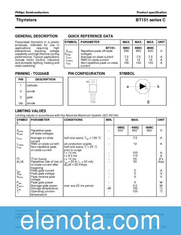 BT151 Datasheet PDF (38 KB) Philips | Pobierz z Elenota.pl