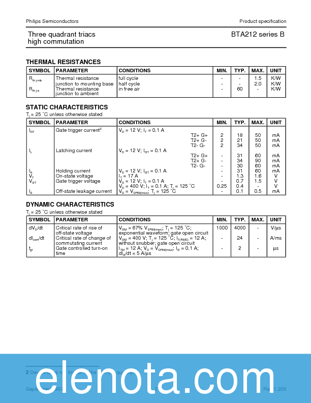 BTA212 Datasheet PDF (38 KB) Philips | Pobierz z Elenota.pl