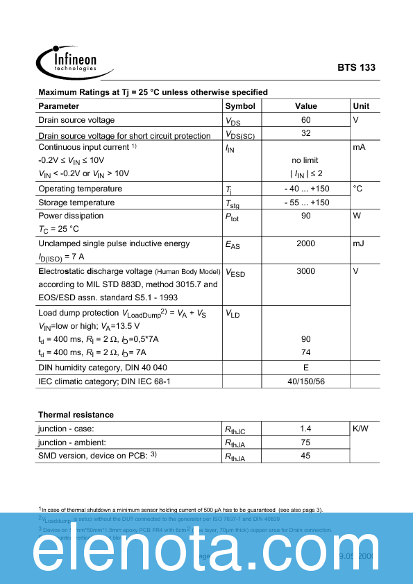 BTS133 Datasheet PDF (198 KB) Infineon | Pobierz z Elenota.pl