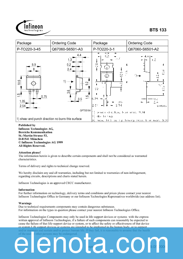 BTS133 Datasheet PDF (198 KB) Infineon | Pobierz z Elenota.pl