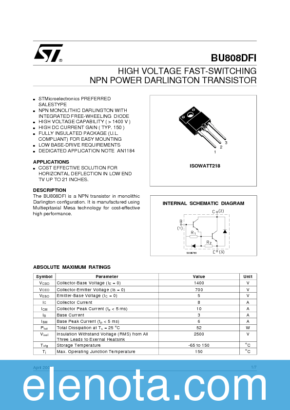 BU808DFI Datasheet PDF (217 KB) STMicroelectronics | Pobierz z Elenota.pl