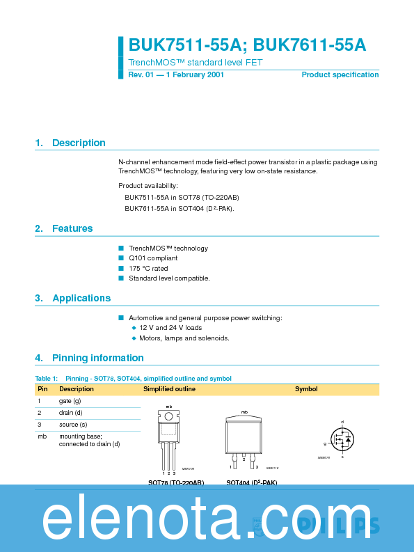 BUK7611-55A Datasheet PDF (321 KB) Philips | Pobierz z Elenota.pl