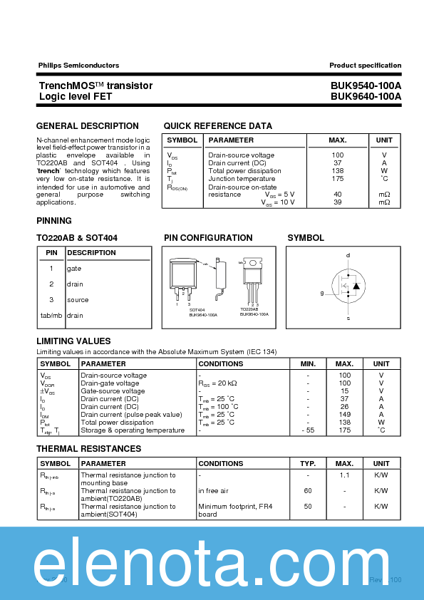 BUK9640-100A Datasheet PDF (81 KB) Philips | Pobierz z Elenota.pl