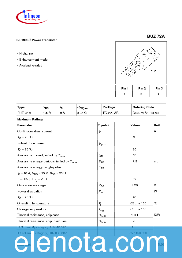 BUZ72A Datasheet PDF (91 KB) Infineon | Pobierz z Elenota.pl