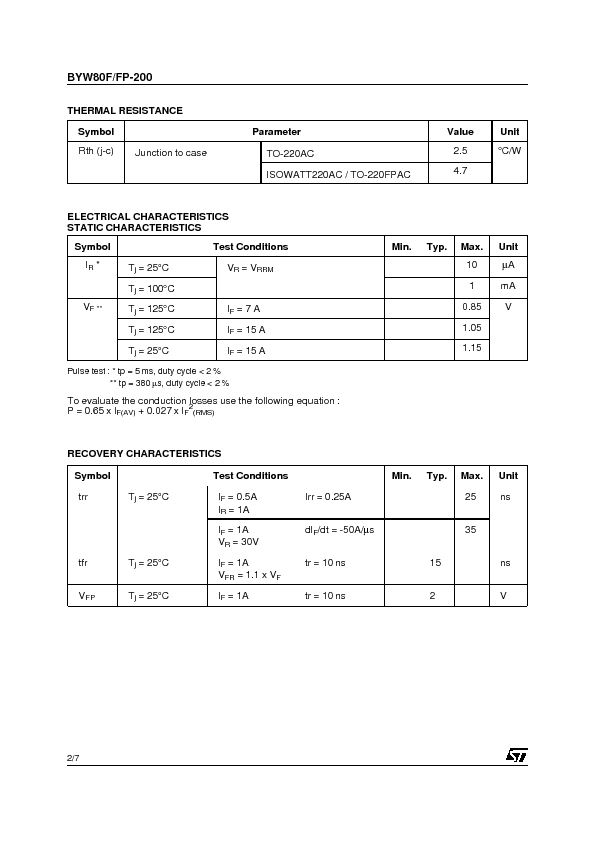 BYW80-200 Datasheet PDF (82 KB) STMicroelectronics | Pobierz z Elenota.pl