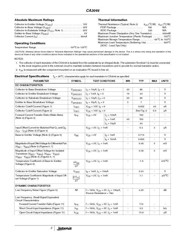 CA3046 Datasheet PDF (119 KB) Intersil | Pobierz z Elenota.pl