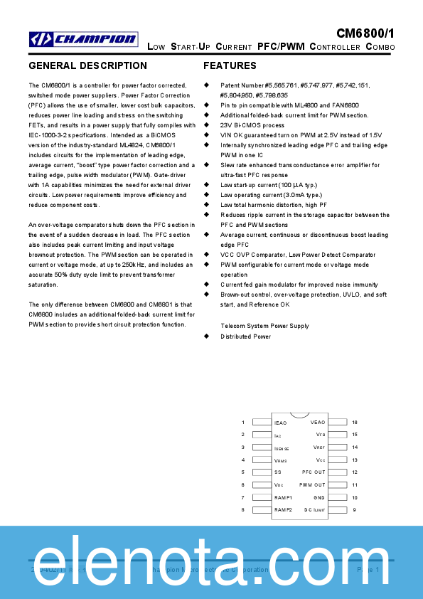 CM6800 Datasheet PDF (337 KB) Champion | Pobierz z Elenota.pl