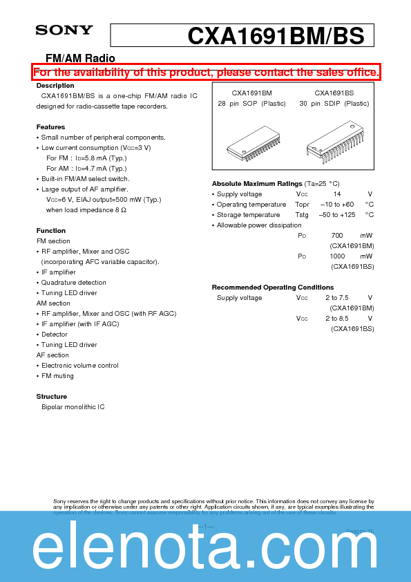 CXA1691BM/BS Datasheet PDF (187 KB) Sony Semiconductor | Pobierz z ...