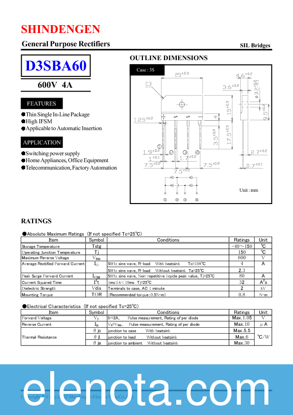 D3SBA60 Datasheet PDF (193 KB) Shindengen | Pobierz z Elenota.pl