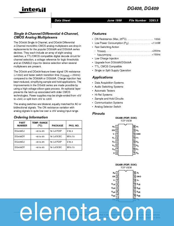 DG408DJ Datasheet PDF (330 KB) Intersil | Pobierz z Elenota.pl
