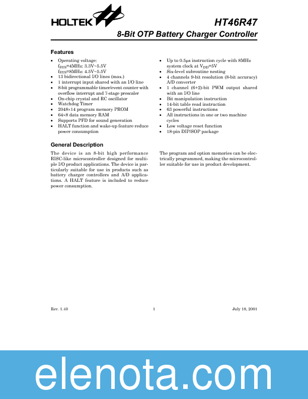 HT46R47 Datasheet PDF (588 KB) Holtek | Pobierz z Elenota.pl