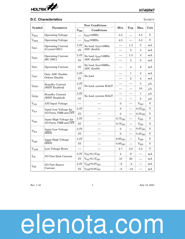HT46R47 Datasheet PDF (588 KB) Holtek | Pobierz z Elenota.pl