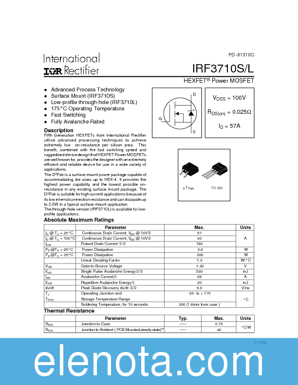 IRF3710S Datasheet PDF (186 KB) International Rectifier | Pobierz z ...