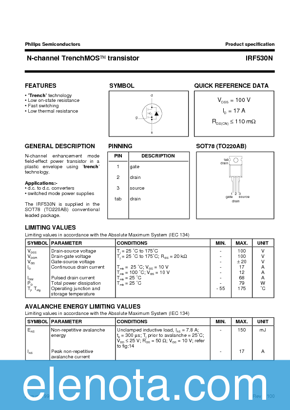 IRF530N Datasheet PDF (98 KB) Philips | Pobierz z Elenota.pl