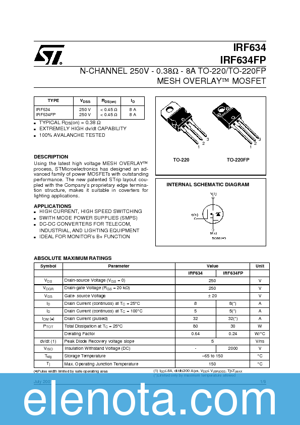 IRF634FP Datasheet PDF (102 KB) STMicroelectronics | Pobierz z Elenota.pl