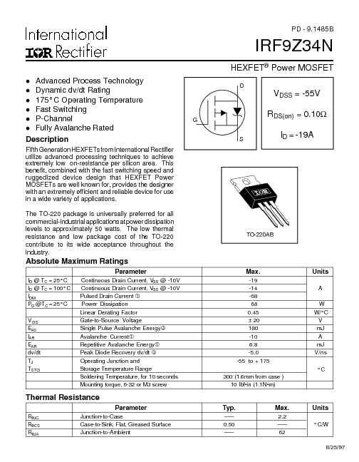 IRF9Z34N Datasheet PDF (108 KB) International Rectifier | Pobierz z ...