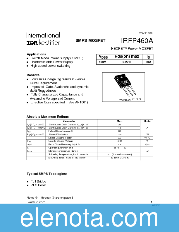 IRFP460A Datasheet PDF (95 KB) International Rectifier | Pobierz z ...