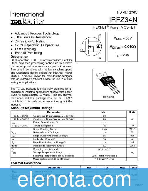 IRFZ34N Datasheet PDF (105 KB) International Rectifier | Pobierz z ...