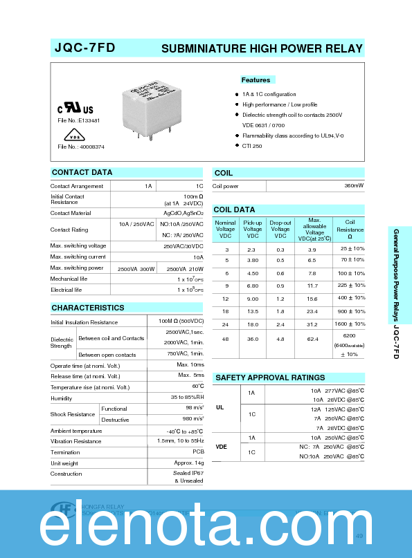 JQC-7FD Datasheet PDF (112 KB) HONGFA RELAY | Pobierz z Elenota.pl