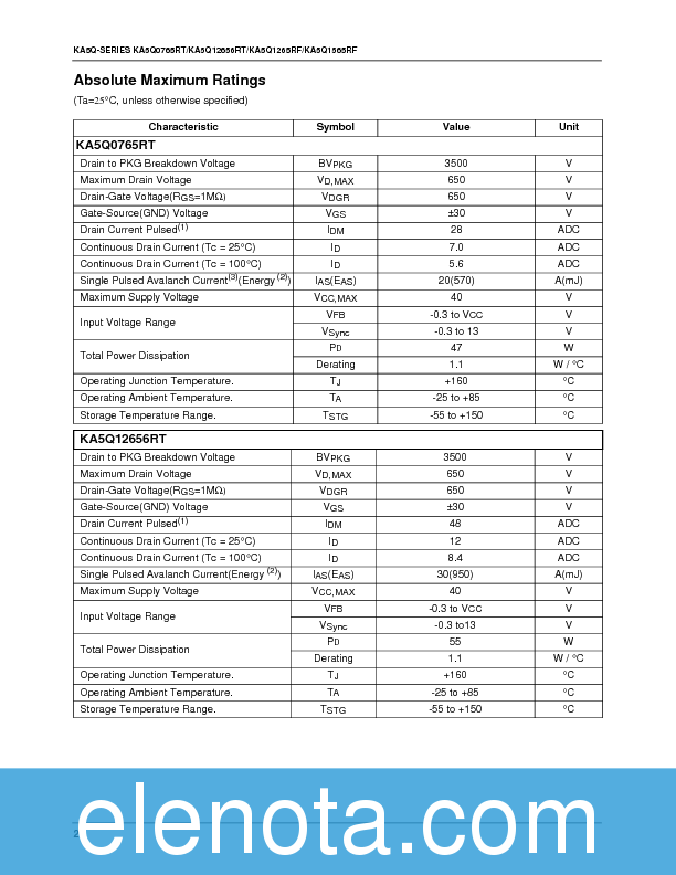 KA5Q0765RT Datasheet PDF (157 KB) Fairchild | Pobierz z Elenota.pl