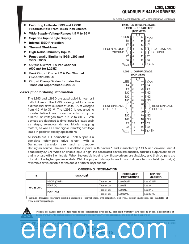 L293DNE Datasheet PDF (494 KB) Texas Instruments | Pobierz z Elenota.pl