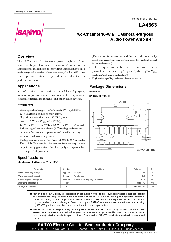 LA4663 Datasheet PDF (113 KB) Sanyo | Pobierz z Elenota.pl