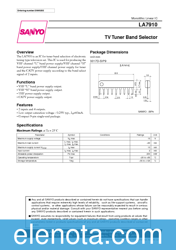 LA7910 Datasheet PDF (41 KB) Sanyo | Pobierz z Elenota.pl