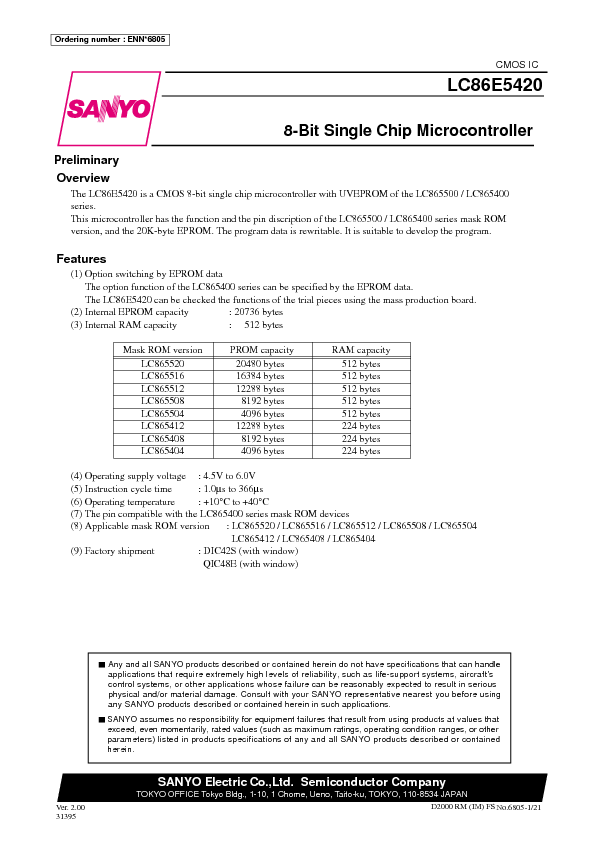 LC86E5420 Datasheet PDF (74 KB) Sanyo Pobierz z Elenota.pl