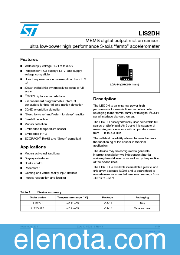 LIS2DH Datasheet PDF (971 KB) STMicroelectronics Pobierz z Elenota.pl