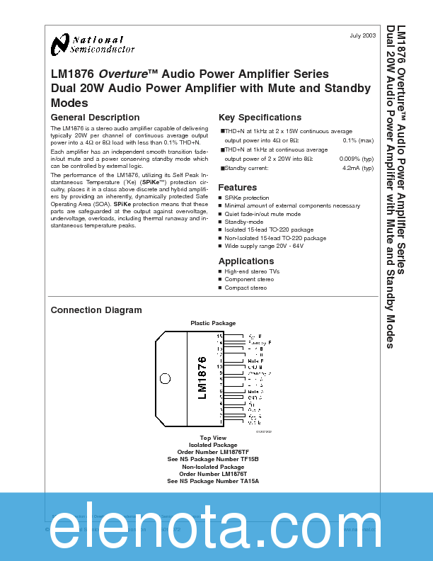 LM1876 Datasheet PDF (702 KB) National Semiconductor | Pobierz z Elenota.pl