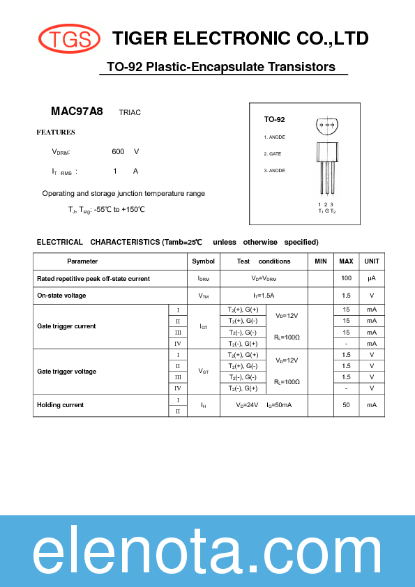 MAC97A8 Datasheet PDF (99 KB) tiger electronic | Pobierz z Elenota.pl