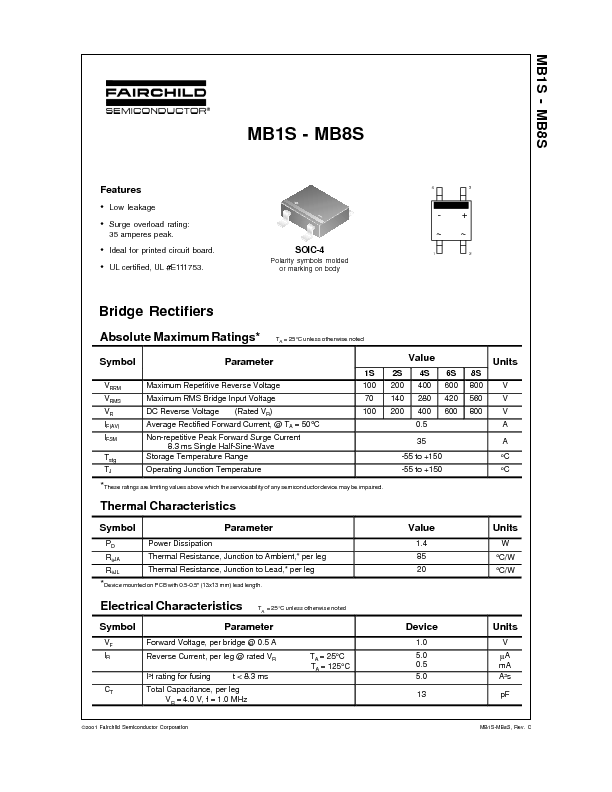MB6S Datasheet PDF (47 KB) Fairchild | Pobierz z Elenota.pl