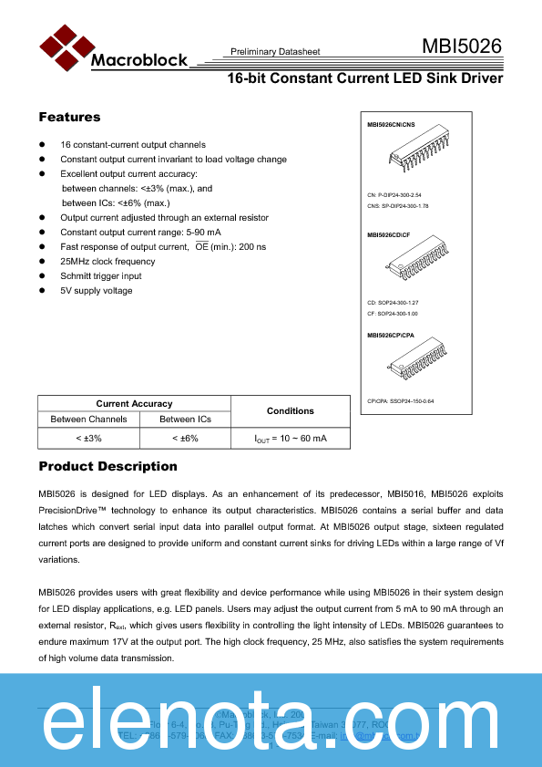 MBI5026 Datasheet PDF (385 KB) Macroblock | Pobierz z Elenota.pl