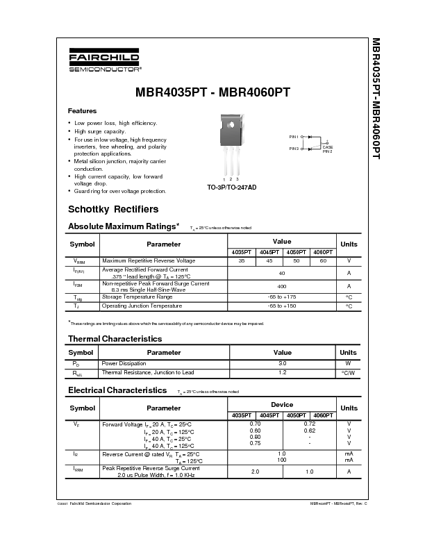 MBR4045PT Datasheet PDF (55 KB) Fairchild | Pobierz z Elenota.pl