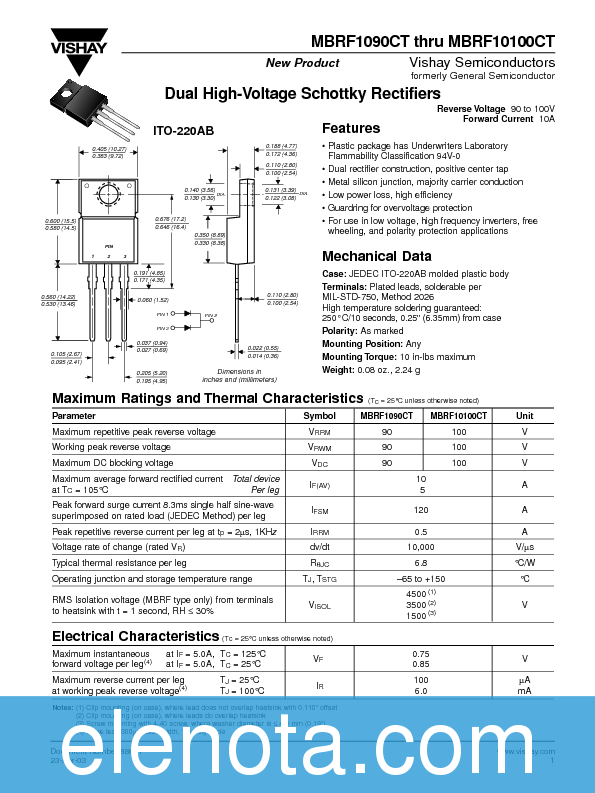 MBRF10100CT Datasheet PDF (28 KB) Vishay | Pobierz z Elenota.pl