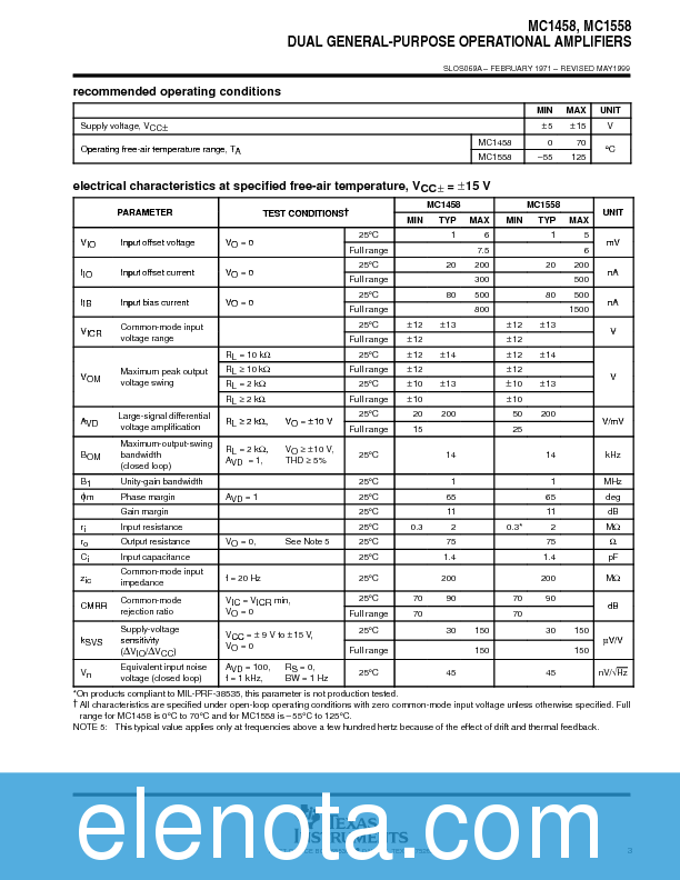 MC1458 Datasheet PDF (82 KB) Texas Instruments | Pobierz z Elenota.pl