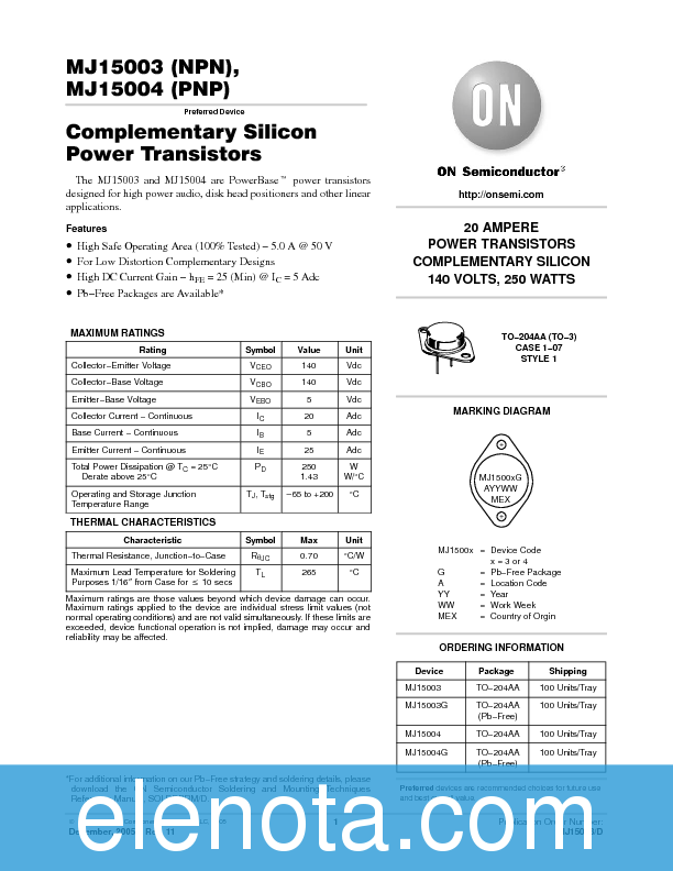 MJ15003 Datasheet PDF (60 KB) ON Semiconductor | Pobierz z Elenota.pl