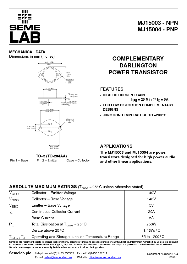 MJ15003 Datasheet PDF (23 KB) Semelab | Pobierz z Elenota.pl