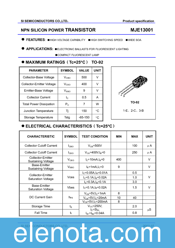 MJE13001 Datasheet PDF (185 KB) SI SEMICONDUCTORS | Pobierz z Elenota.pl