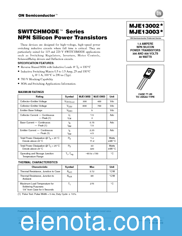 MJE13002 Datasheet PDF (129 KB) ON Semiconductor | Pobierz z Elenota.pl