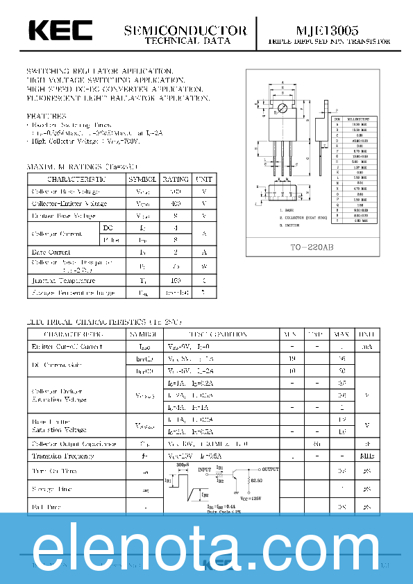 MJE13005 Datasheet PDF (436 KB) KEC | Pobierz z Elenota.pl
